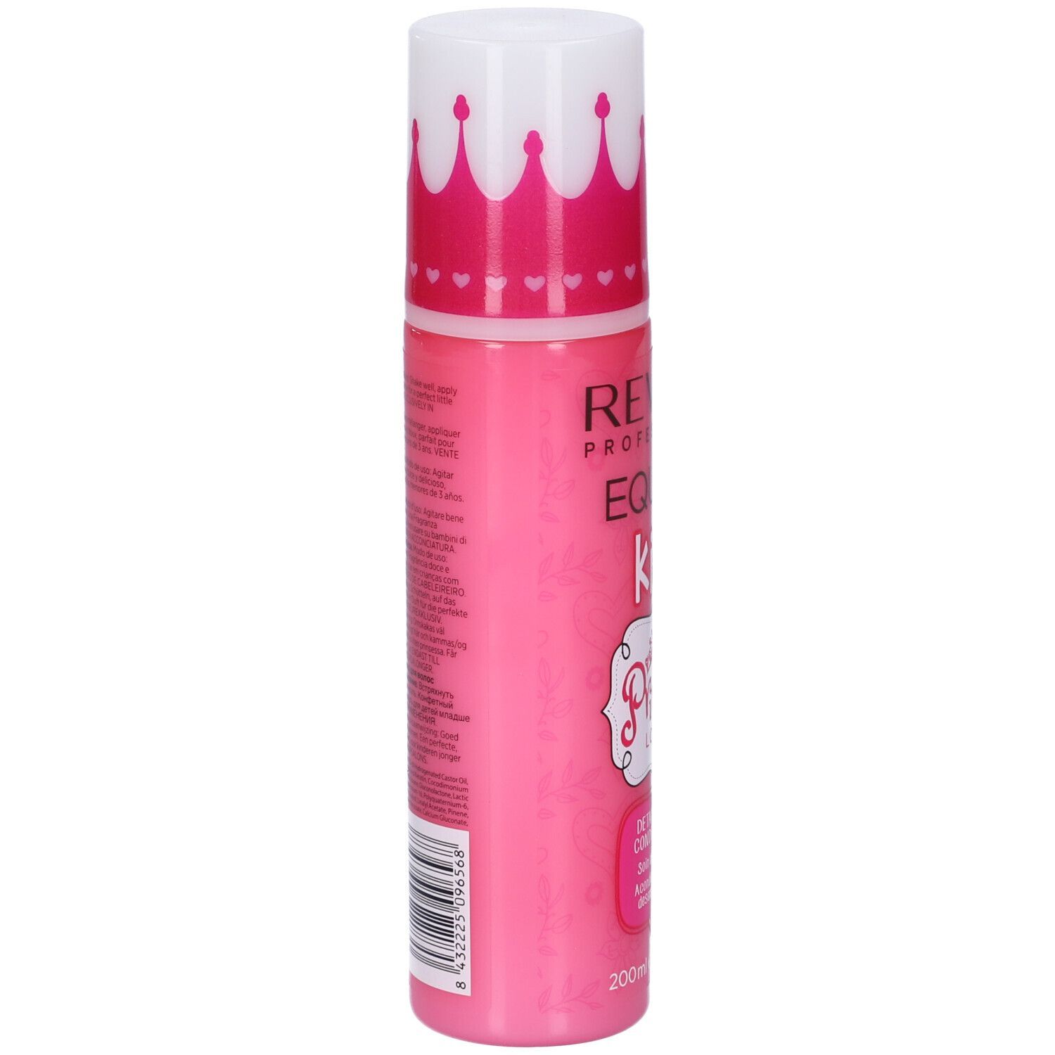 Flacone rosa con tappo a corona bianco. Scritta: Revlon Equave Kids Princess Look. Retro.
