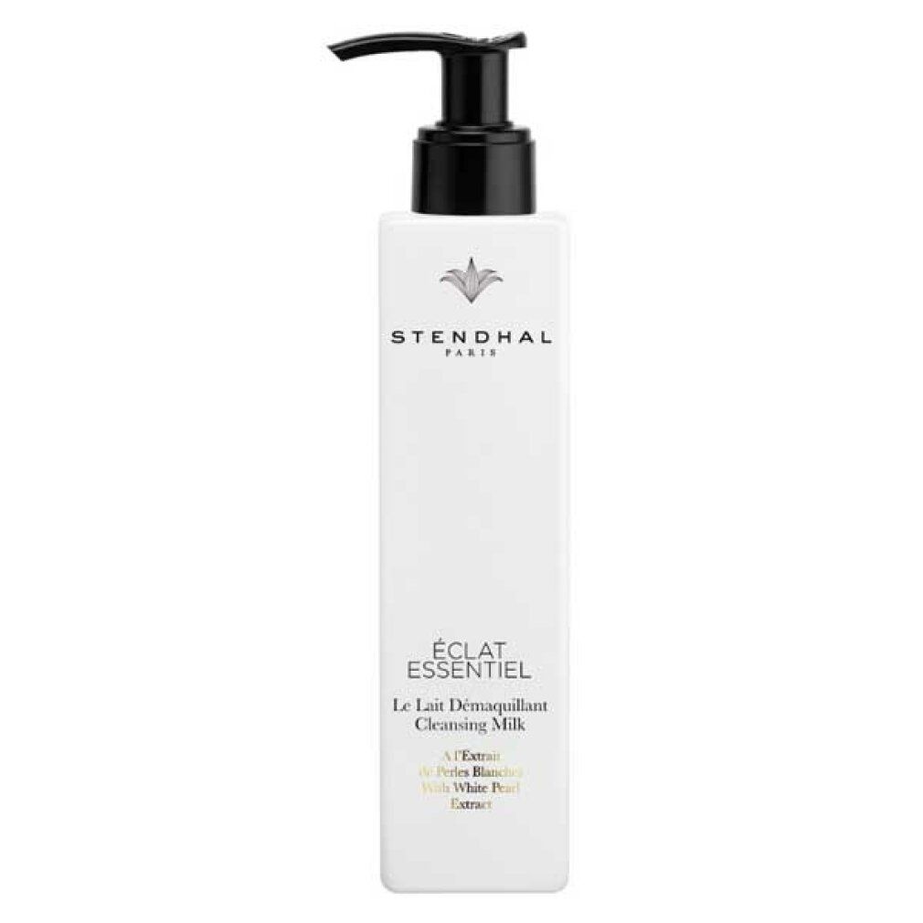 Flacone bianco con dosatore nero. Scritta: Stendhal Paris, Éclat Essentiel, Le Lait Demaquillant Cleansing Milk.