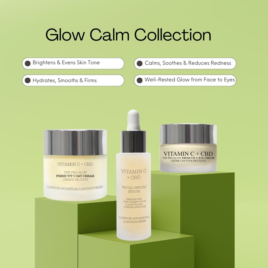 Tre prodotti cosmetici su blocchi verdi. Crema giorno, crema occhi e siero. Scritta: Vitamin C + CBD. Testo: Glow Calm Collection.