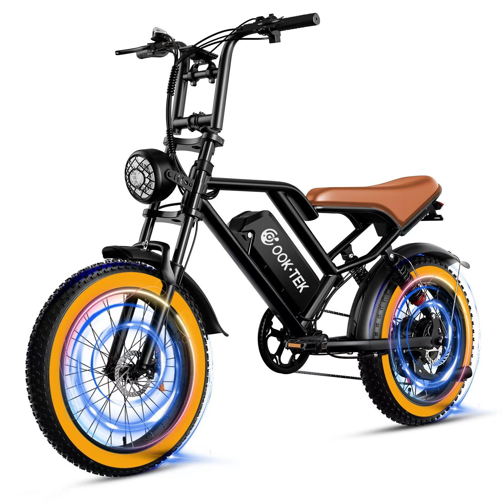 E-bike nera con sella marrone e pneumatici gialli. Logo OOK-TEK sul telaio. Ruote illuminate.