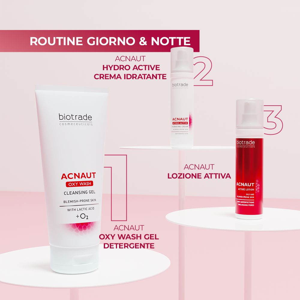 Tre prodotti su sfondo rosa. ACNAUT OXY WASH, Hydro Active Crema, Active Lotion. Marchio: Biotrade.