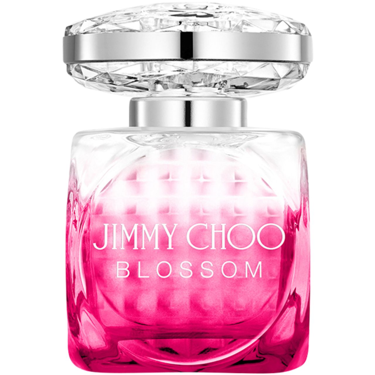 Spray Jimmy Choo Blossom e.d.p. Flacone con tappo argentato e sfumatura rosa. Forma quadrata.
