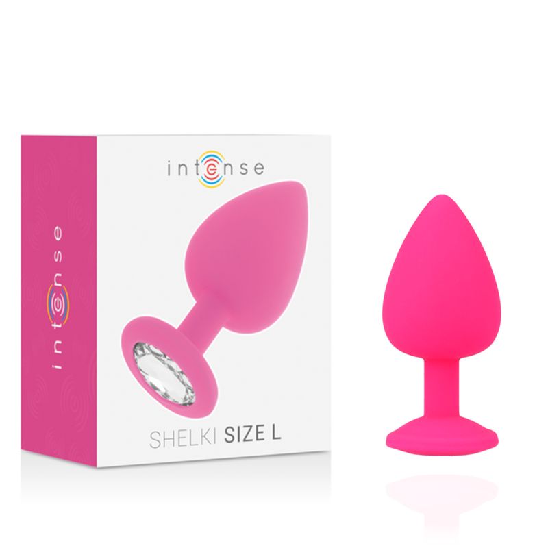 Plug anale rosa e confezione. Sulla confezione c'è scritto 'Intense Shelki Size L'. Plug con decorazione in cristallo.