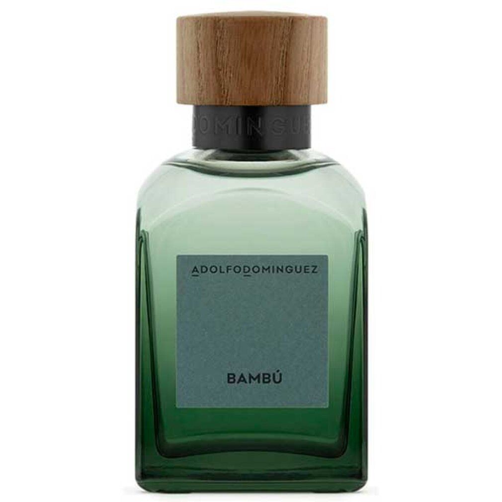 Flacone rettangolare verde con tappo in legno. "Bambú" sull'etichetta. Marchio ADOLFO DOMINGUEZ.