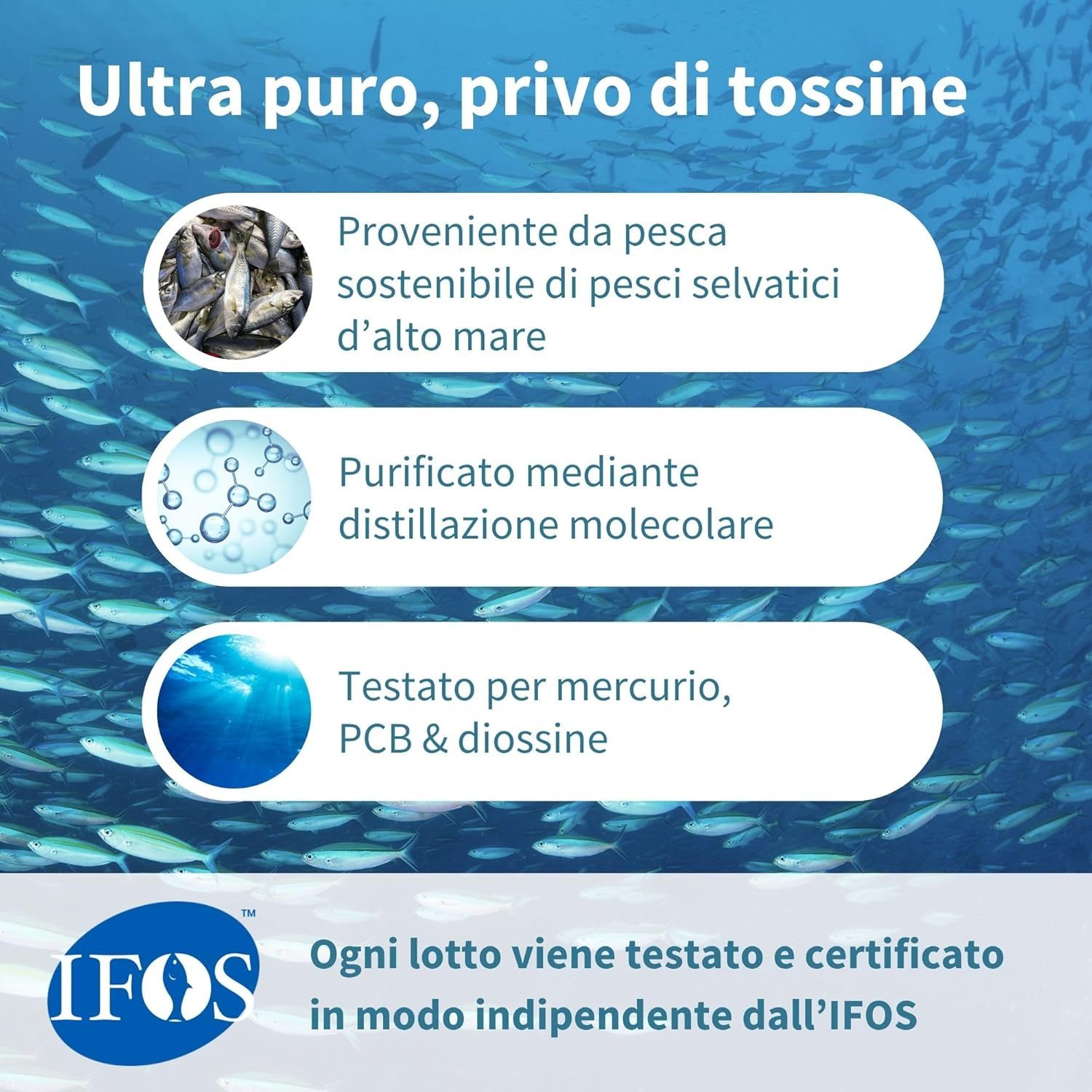 Testo: Ultra puro, privo di tossine. Pesca sostenibile. Distillazione molecolare. Testato per mercurio, PCB e diossine. IFOS.