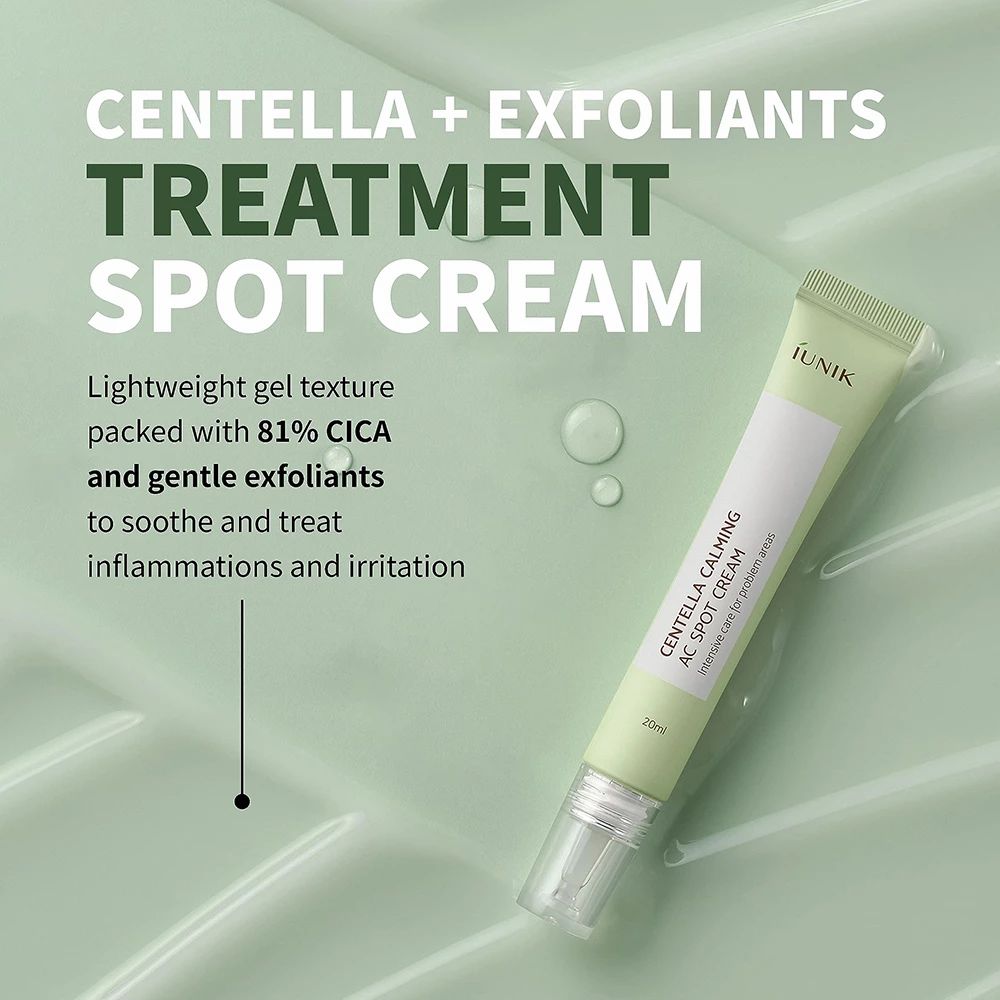Tubo verde con testo. Scritta: iUNIK, Centella Calming AC Spot Cream. Testo: Crema spot trattamento. 20ml.