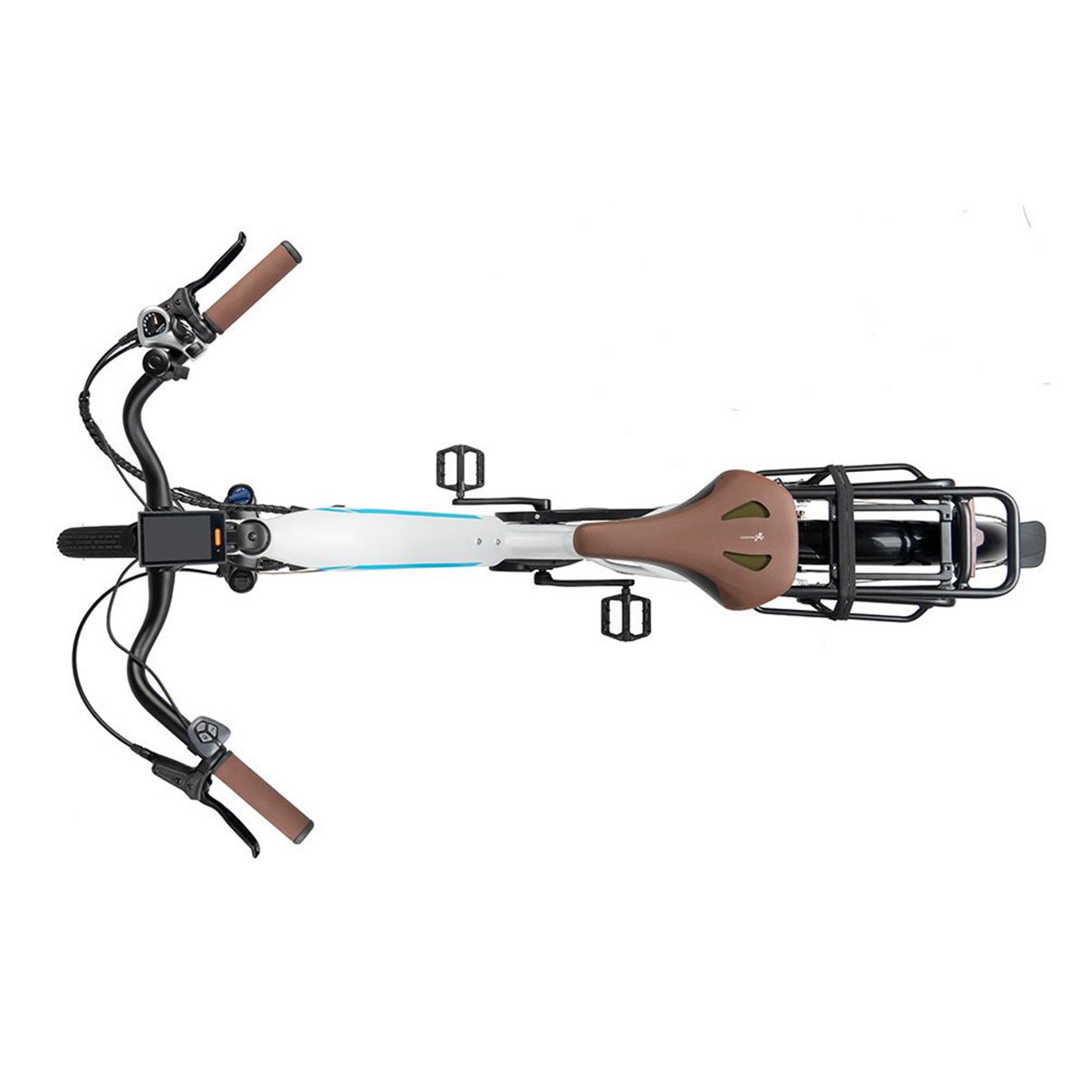 Vista dall'alto di una e-bike bianca JOBOBIKE Linda. Sella e manopole marroni. Portapacchi e pedali neri.