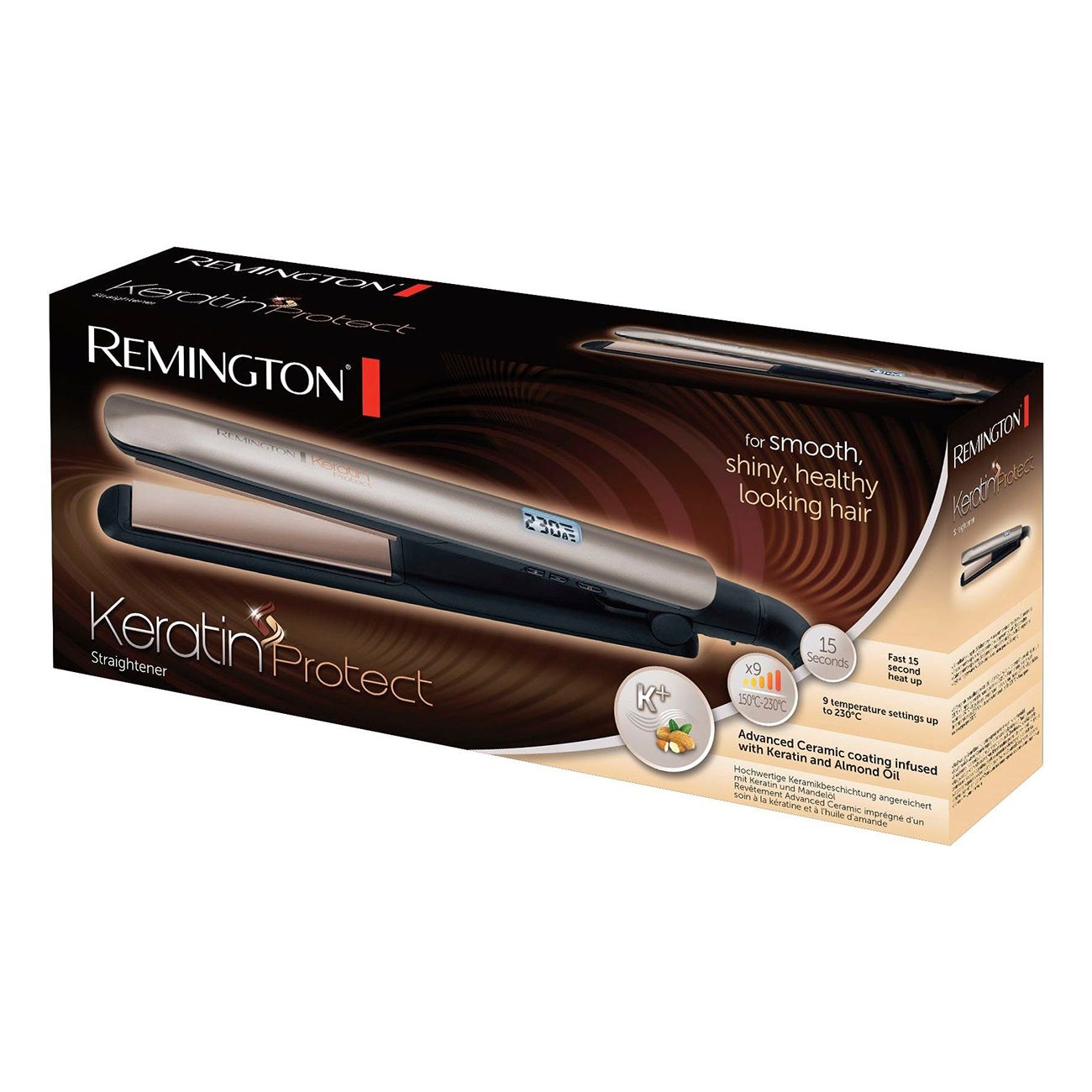Confezione della piastra Remington Keratin Protect. Immagine del prodotto. Testo: Keratin Protect, Straightener.