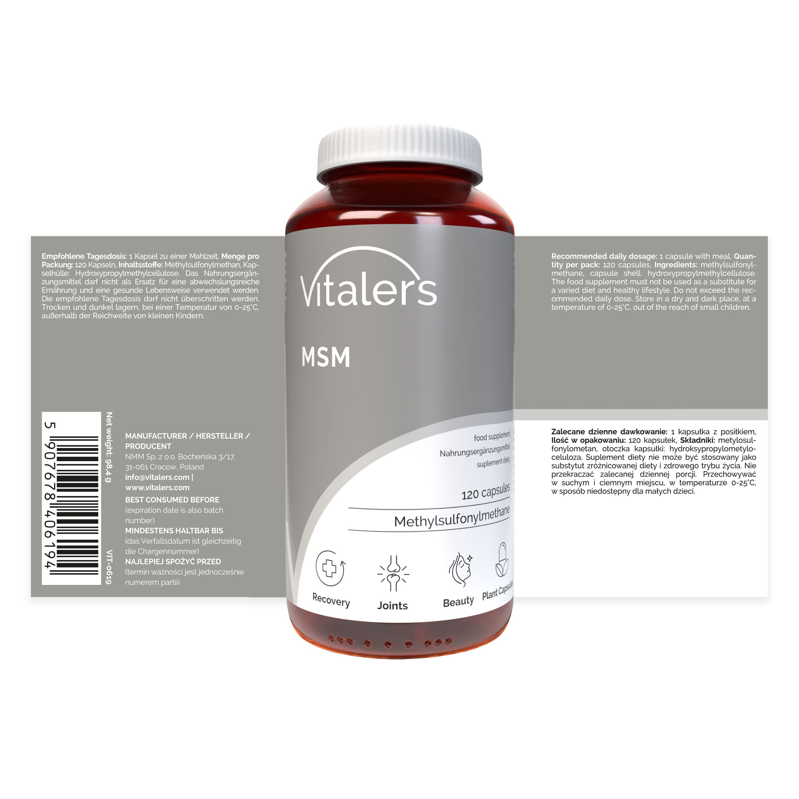 Flacone e confezione di capsule Vitaler's MSM, vista laterale con le etichette.