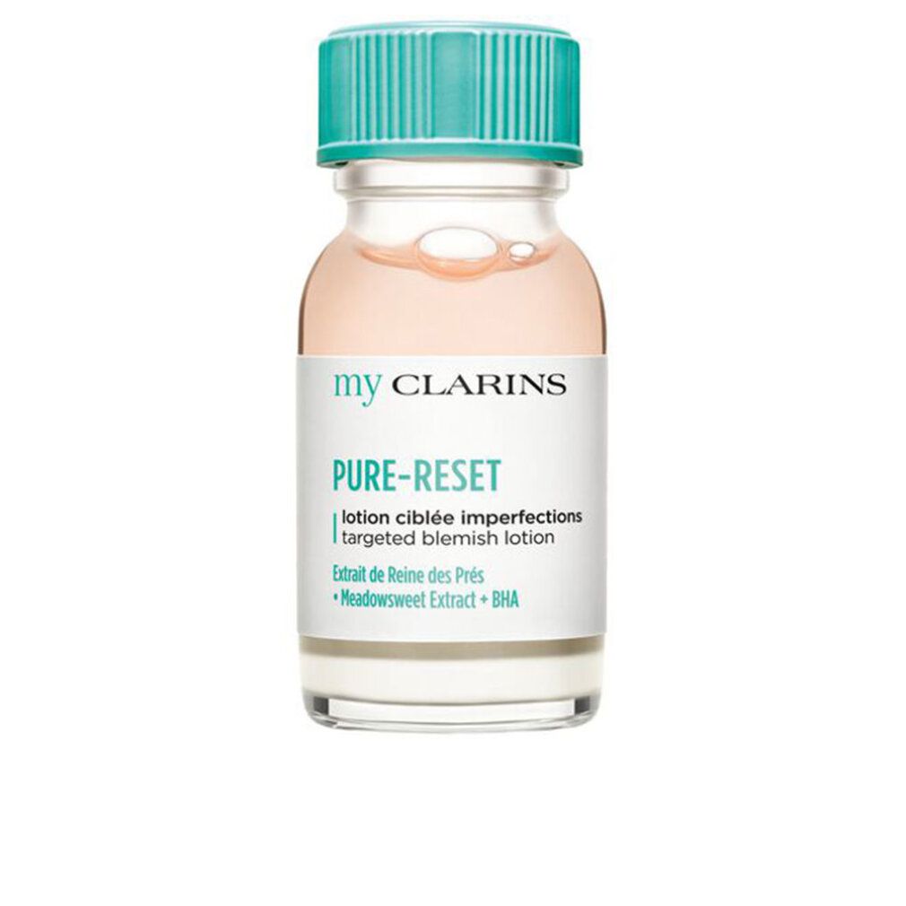 Piccolo flacone di lozione my CLARINS Pure-Reset con tappo turchese. Etichetta del prodotto con logo e nome del prodotto. Liquido visibile.