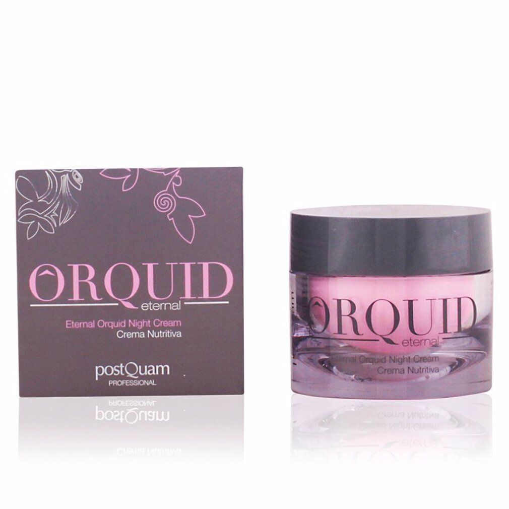 Vaso di crema e scatola. Scritta ORQUID. Testo: Eternal Orchid Night Cream. Marchio: Postquam.