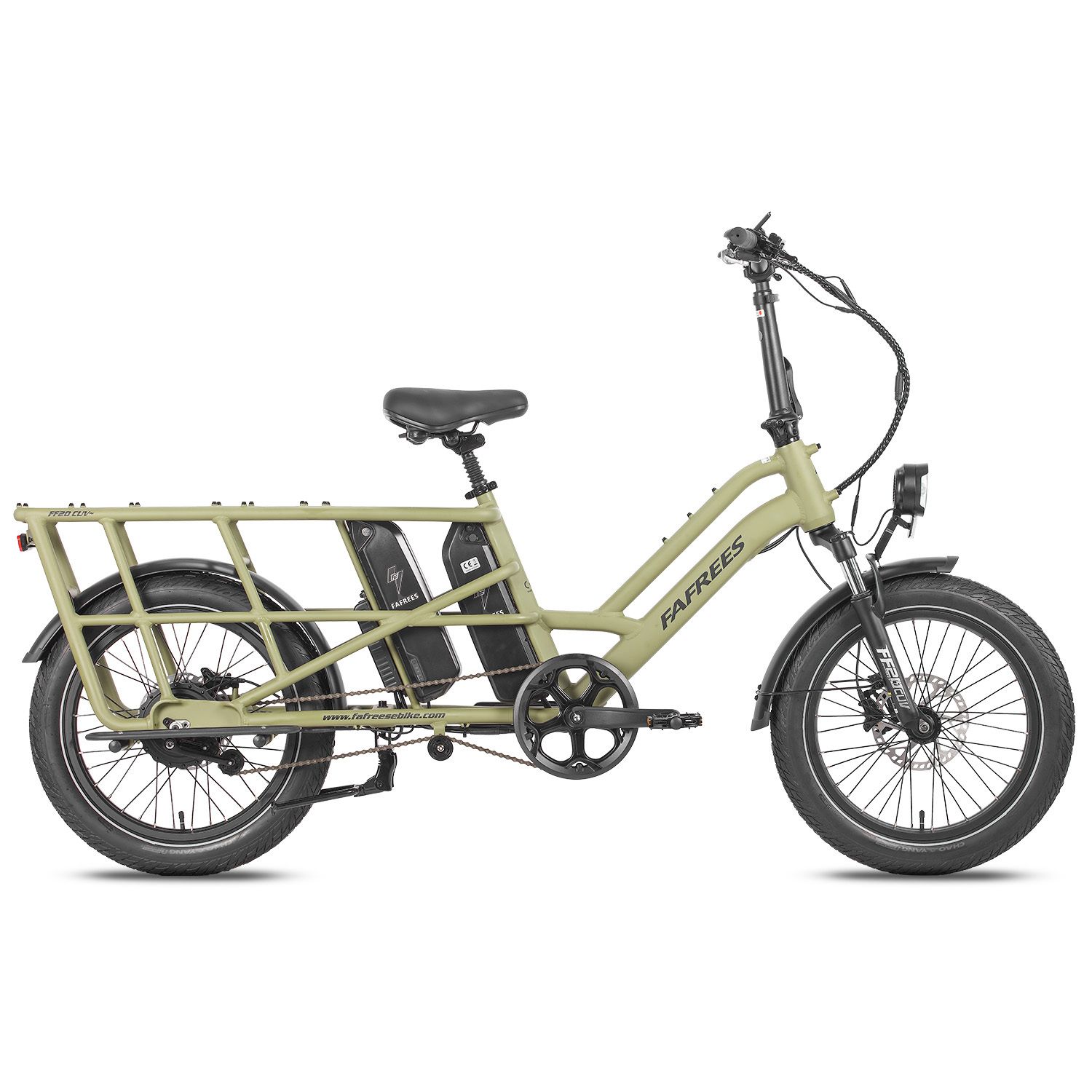 E-bike Fafrees FF20 CUV verde. Portapacchi, due batterie, fanale anteriore, pneumatici e sella neri.
