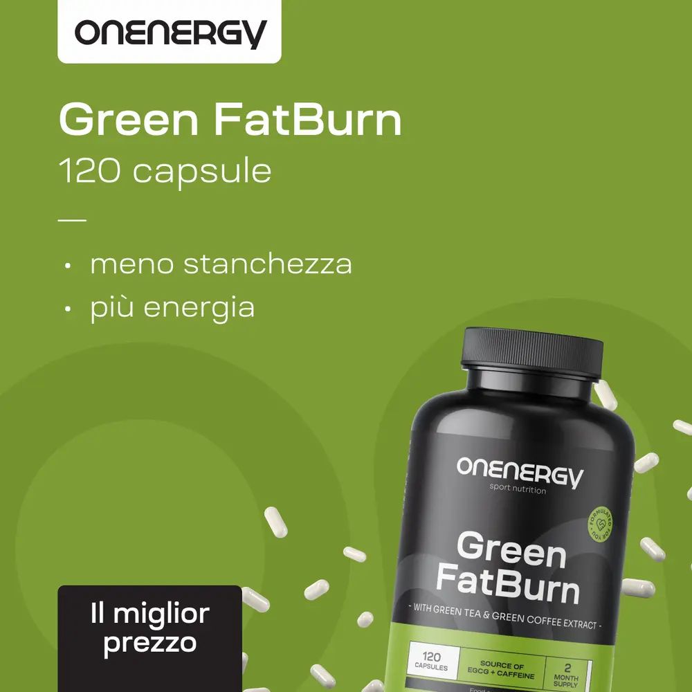Donna che corre accanto a un barattolo di capsule OnEnergy Green FatBurn.