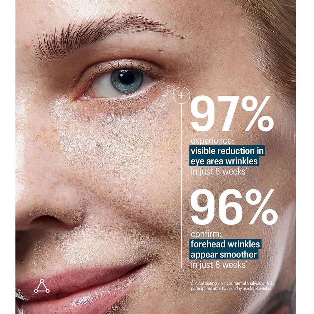 Primo piano di un viso con testo: 97% riduzione delle rughe del contorno occhi in 8 settimane, 96% rughe della fronte più lisce in 8 settimane.
