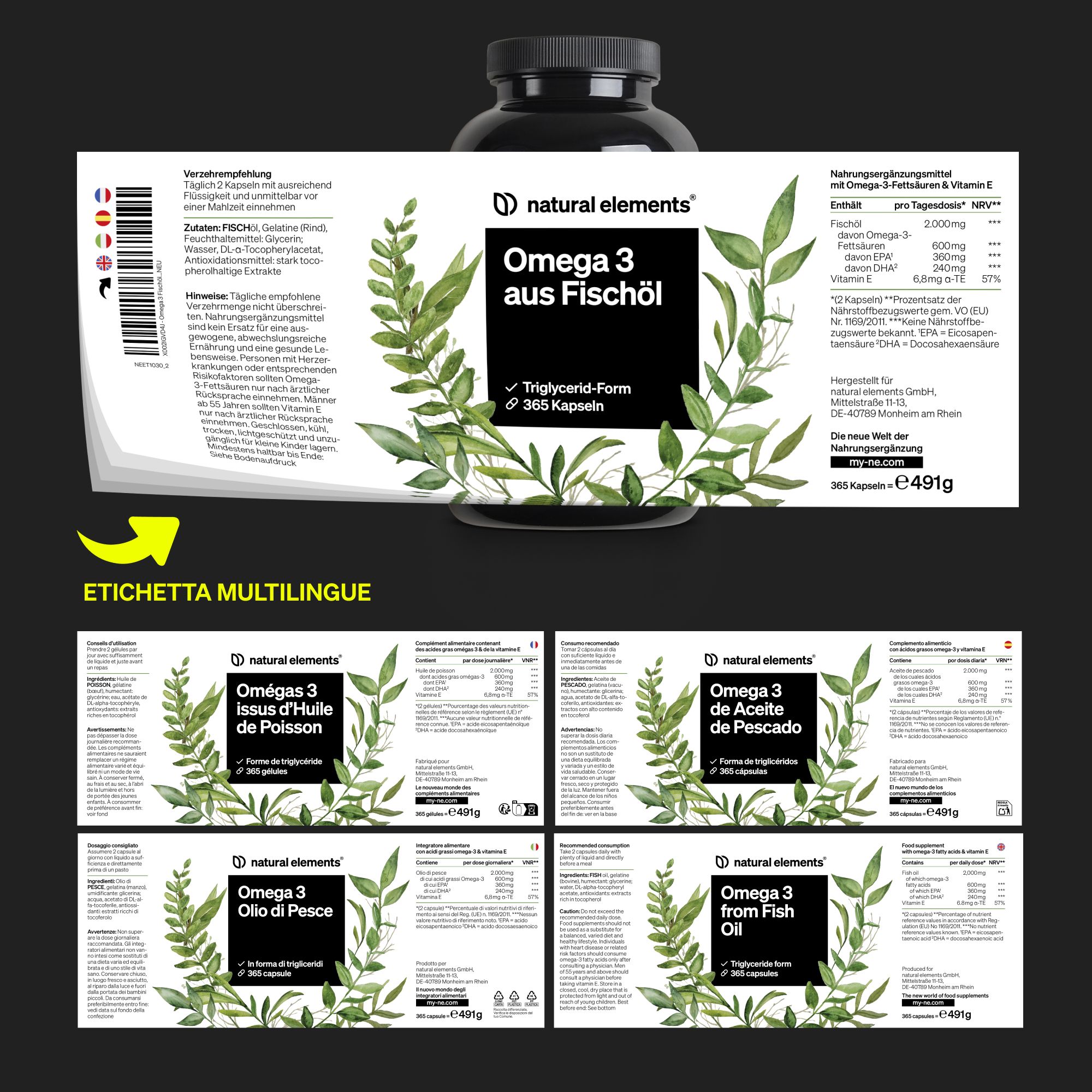 Tre capsule di Omega 3 di Natural Elements.