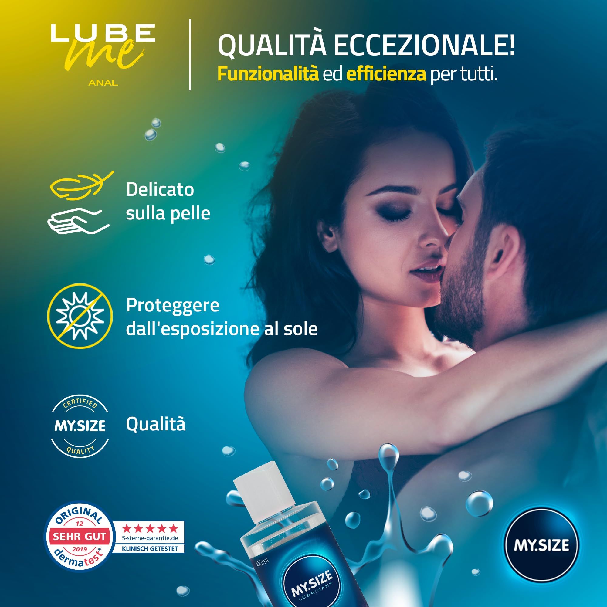 Flacone di gel lubrificante MY.SIZE Lube Me Anal con una coppia che si bacia. Certificati 'Molto Buono' e 'Qualità'.