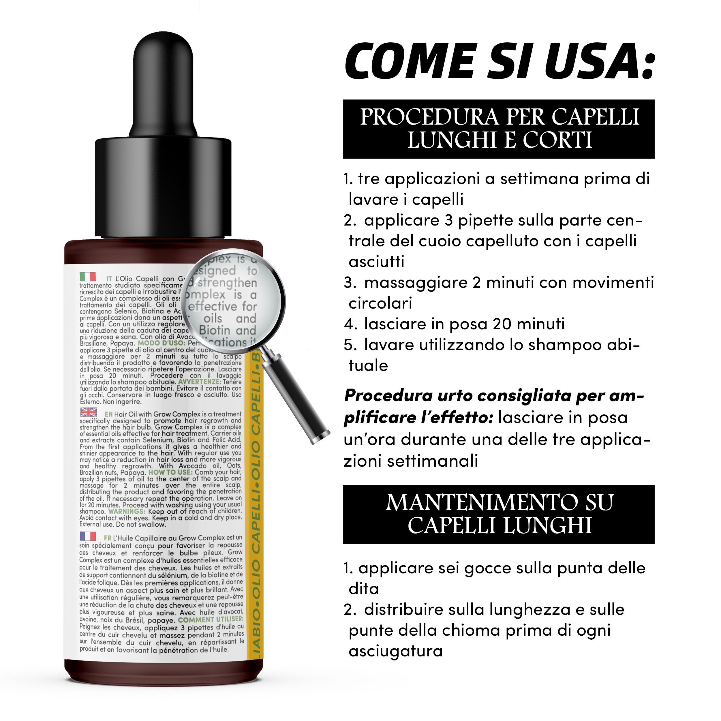 Flacone di olio per capelli con contagocce e lente d'ingrandimento. Testo: Come si usa: Procedura per capelli lunghi e corti. Mantenimento su capelli lunghi.