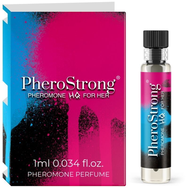 PheroStrong HQ Profumo a base di feromoni per lei, 1ml. Flacone e confezione rosa e blu.