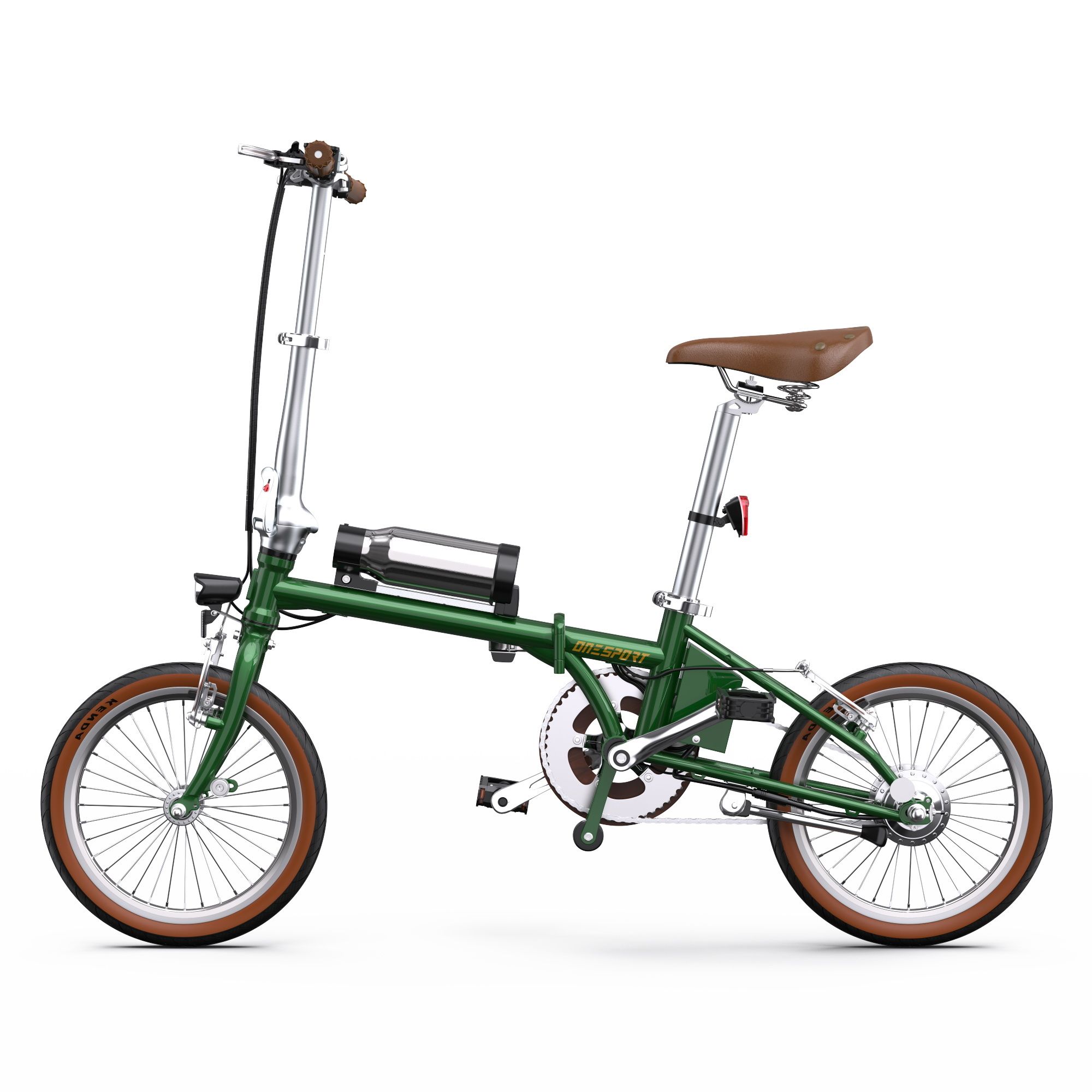 E-bike pieghevole verde, pneumatici e sella marroni. Batteria e fanale posteriore visibili. Ruote da 16 pollici.