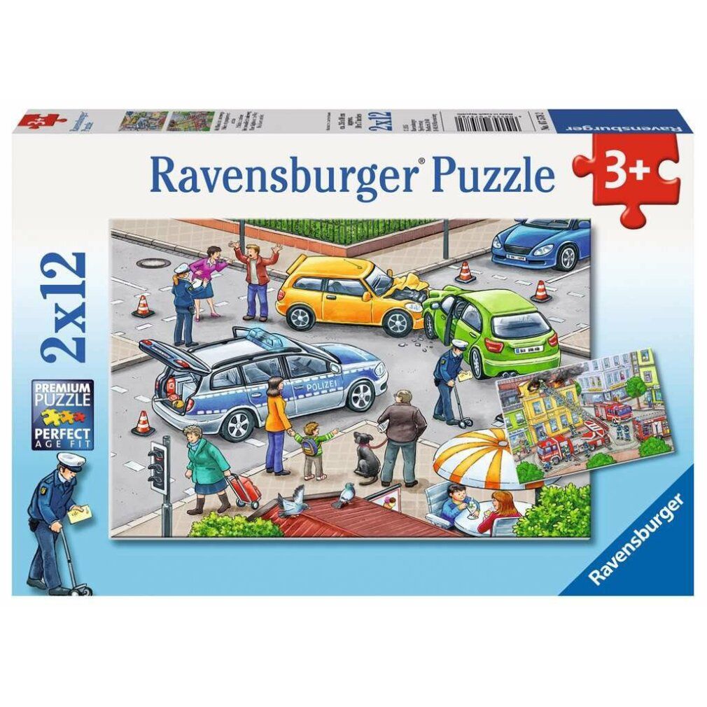 Pz. Mit Blaulicht unterwegs 2x12T. Scatola puzzle con scena stradale. Marchio Ravensburger. Età consigliata 3+.