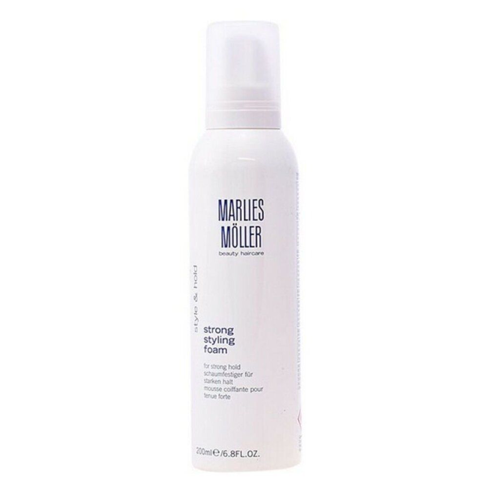Flacone bianco con erogatore. Scritta: Marlies Möller, Style & Hold, strong styling foam.