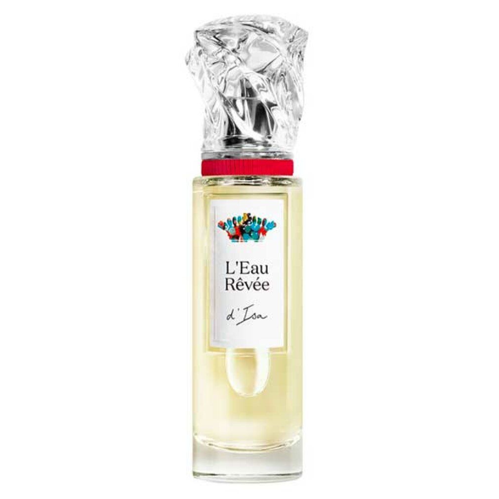 Flacone di Sisley Paris D'Isa Eau de Toilette. Flacone in vetro con tappo trasparente. Testo: L'Eau Rêvée d'Isa.