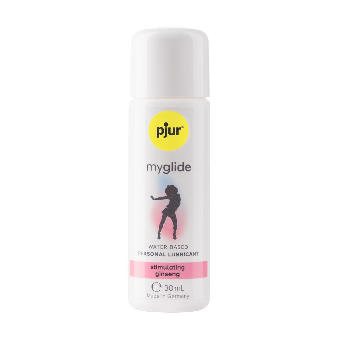 Flacone bianco, tappo bianco. Logo giallo, fascia rosa. Testo: pjur myglide, WATER-BASED PERSONAL LUBRICANT, stimulating ginseng, e 30 ml.