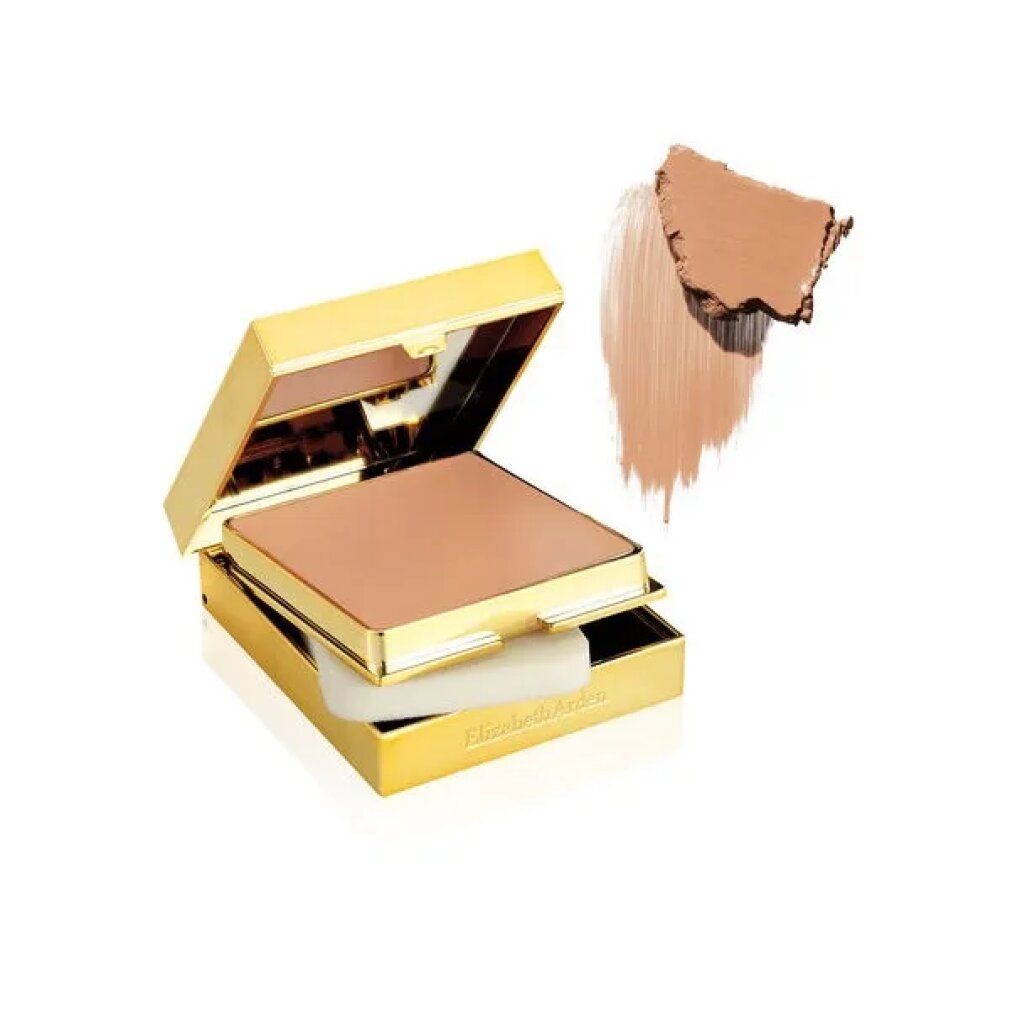 Confezione compatta per trucco dorata aperta con trucco e spugna. Accanto, un'applicazione di trucco.