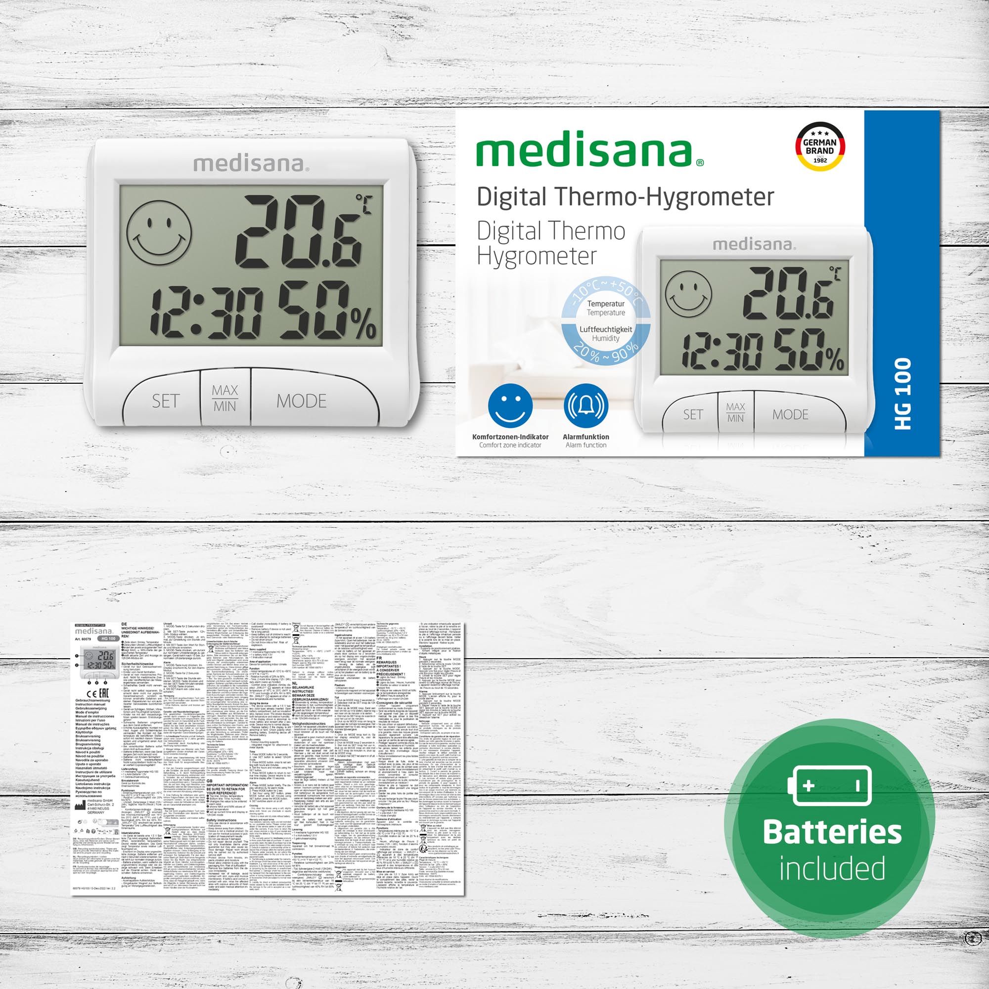 Igrometro digitale con confezione e accessori. Include batterie e manuale. Marchio: medisana.