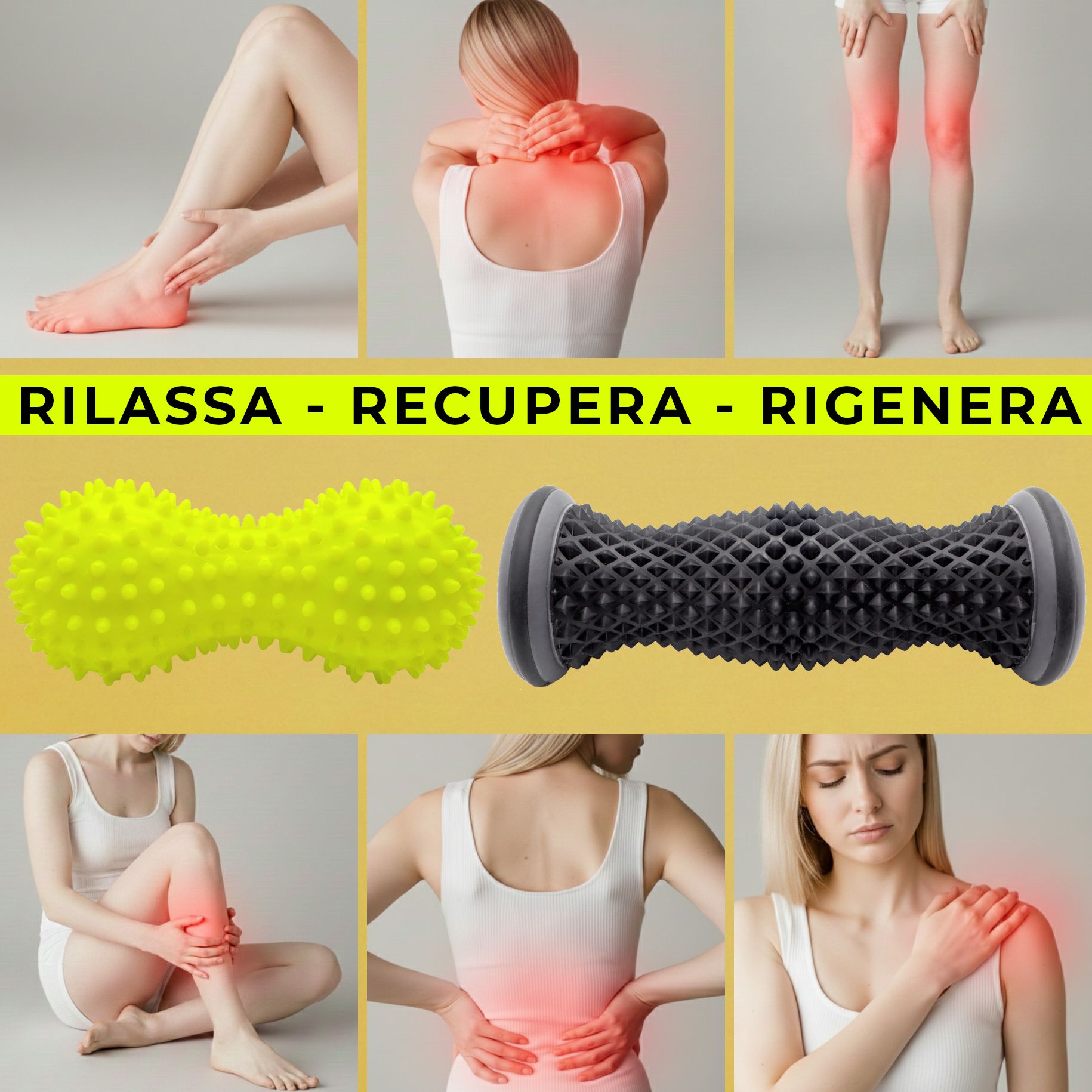Collage di persone con dolori a gambe, collo, ginocchia, schiena e spalle.