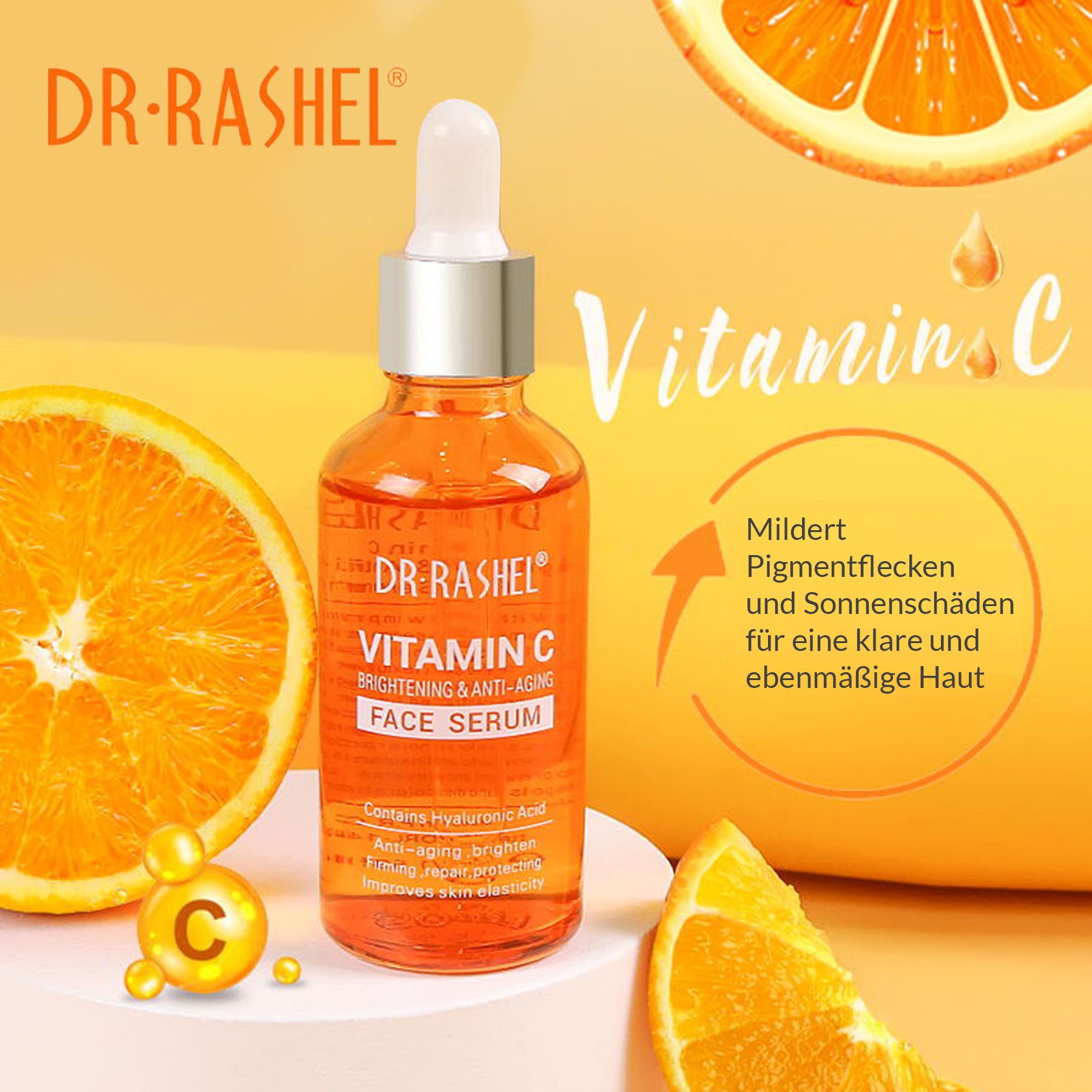 Flacone di siero DR. RASHEL alla vitamina C. Liquido arancione. Testo: Vitamin C, Brightening & Anti-Aging Face Serum. Sfondo arancione.