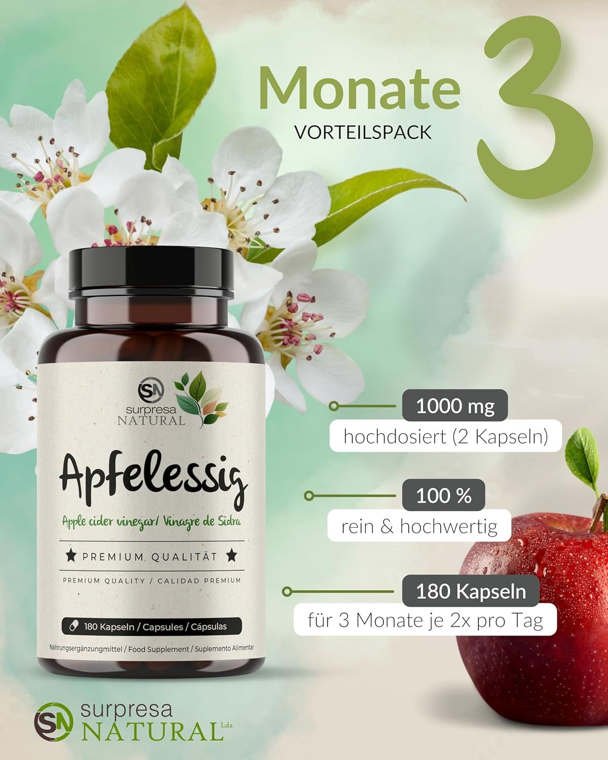 Bottiglia con capsule di aceto di mele, mele e testo: Confezione da 3 mesi. 180 capsule.