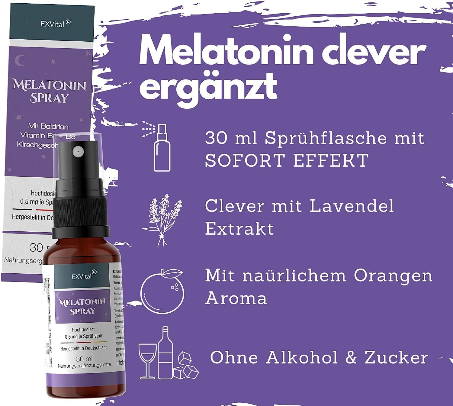 Prodotto con testo: Melatonina intelligentemente integrata. Flacone spray da 30 ml con effetto immediato. Con estratto di lavanda, aroma naturale di arancia. Senza alcol e zucchero.