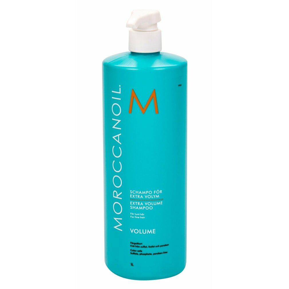 Flacone di shampoo turchese con dosatore bianco. Scritta: Moroccanoil, Volume, Extra Volumen Shampoo.