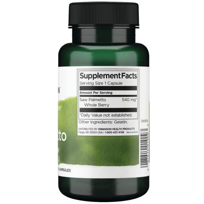 Retro del flacone verde. Scritta: Swanson, Saw Palmetto, 540 mg. Ingredienti: Gelatina. 100 capsule.