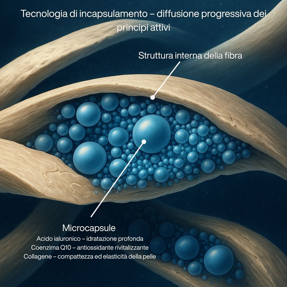 Fibre a microcapsule. Testo: Acido ialuronico, Coenzima Q10, Collagene.