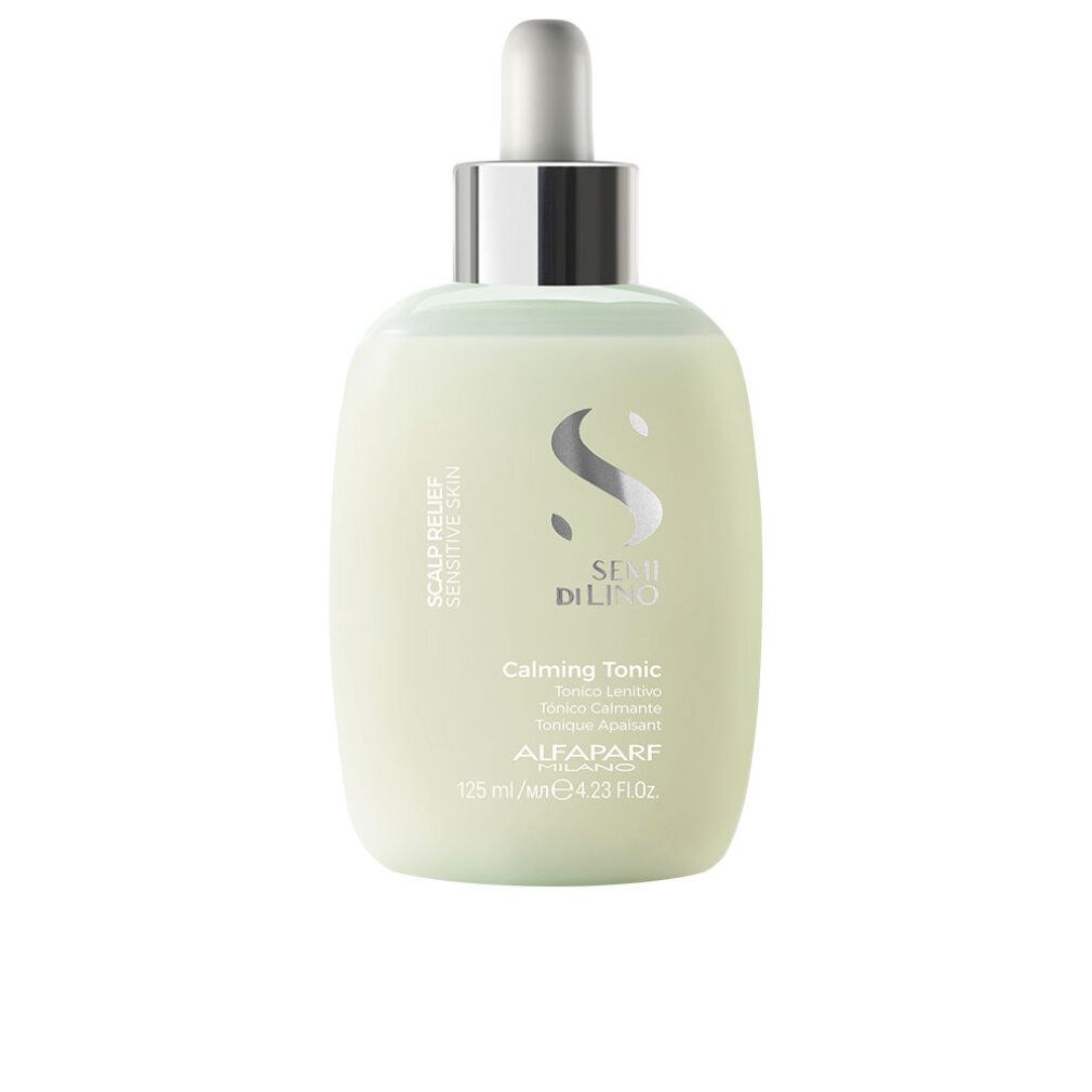 Flacone con contagocce. Scritta: Semi Di Lino, Calming Tonic, Alfaparf Milano. Liquido verde chiaro.