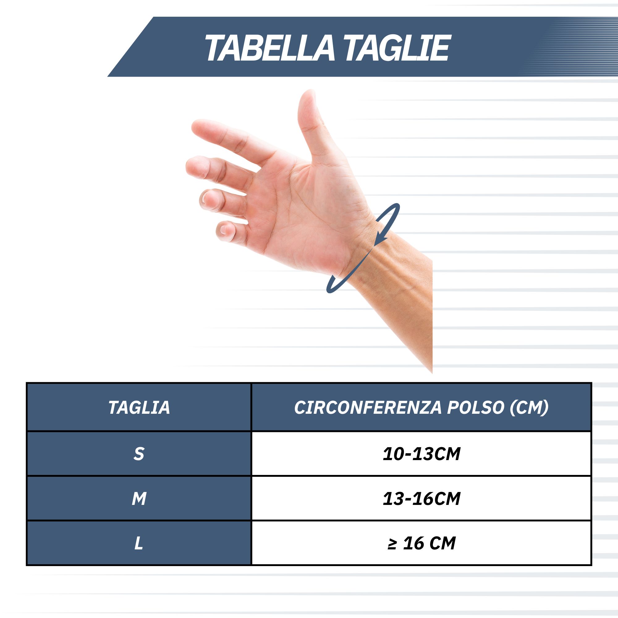 Tabella taglie per tutori da polso con misurazione della circonferenza del polso.