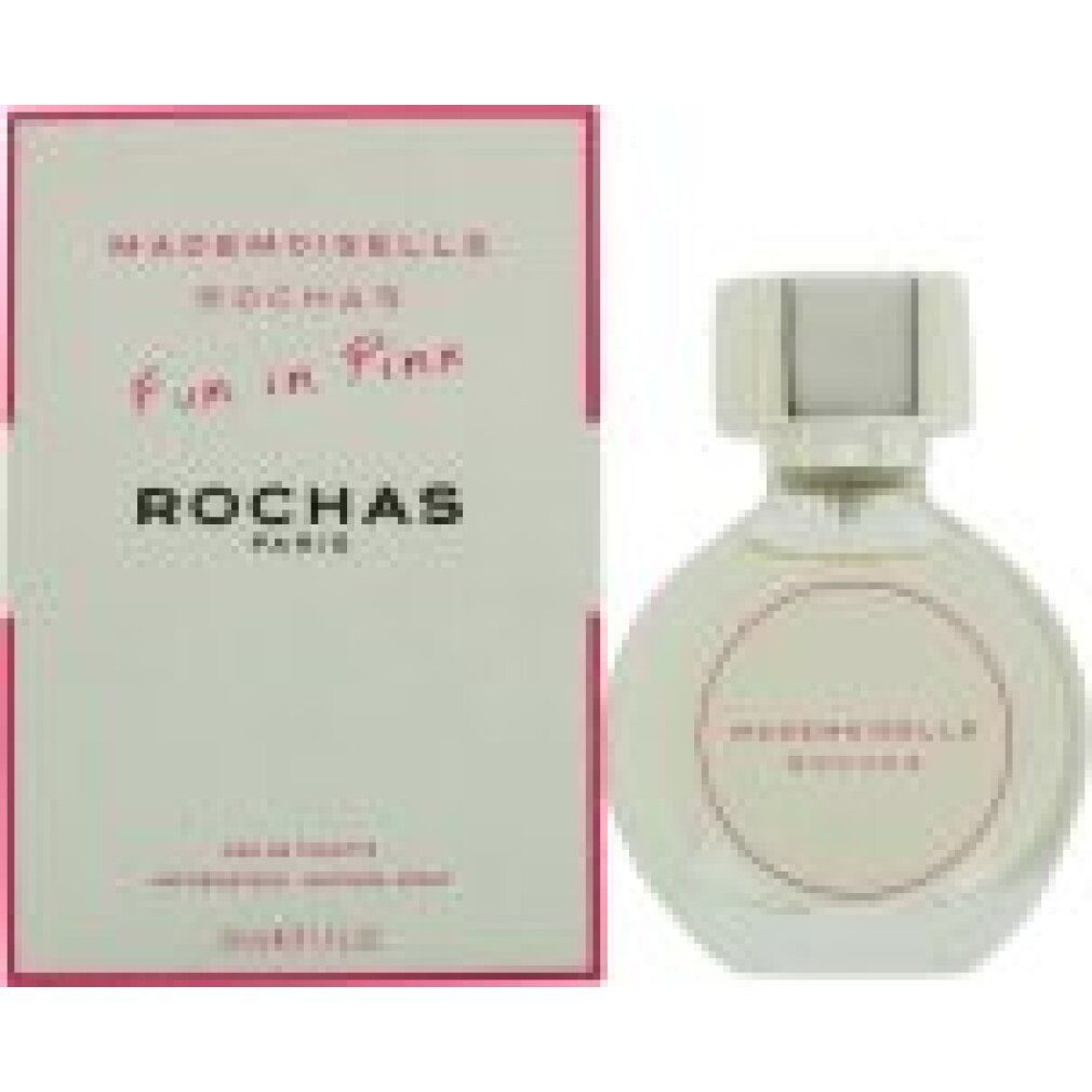 Flacone e confezione. Flacone rotondo, liquido rosa. Confezione bianca, scritta rosa: Mademoiselle Rochas, Fun in Pink.