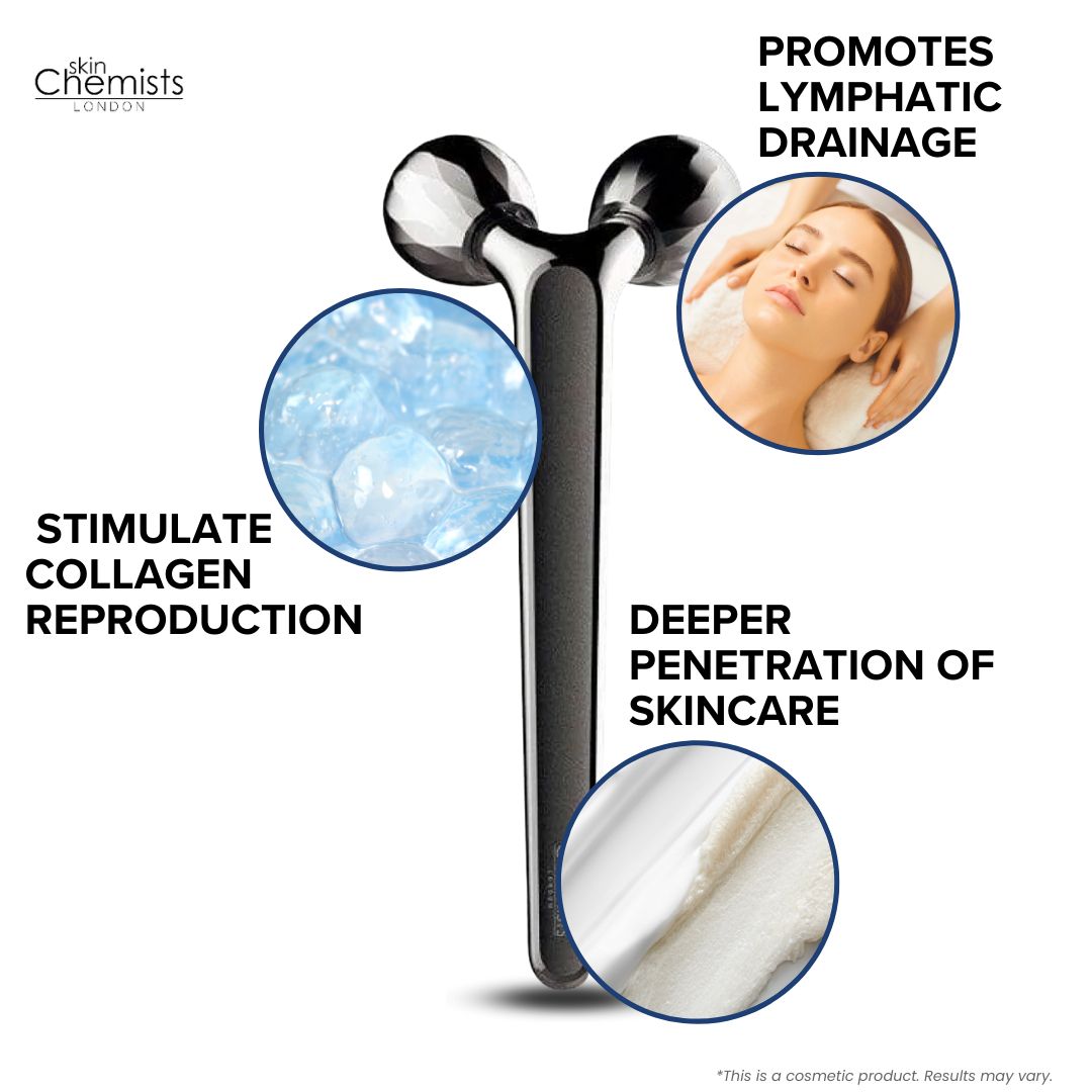 Rullo massaggiatore viso con testo: Stimola la riproduzione del collagene, Promuove il drenaggio linfatico, Penetrazione più profonda della cura della pelle.