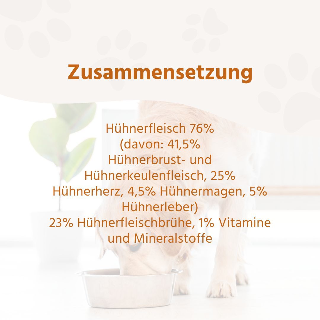 Composizione del cibo. Pollo, petto di pollo, cuore di pollo, stomaco, fegato, brodo di pollo, vitamine.
