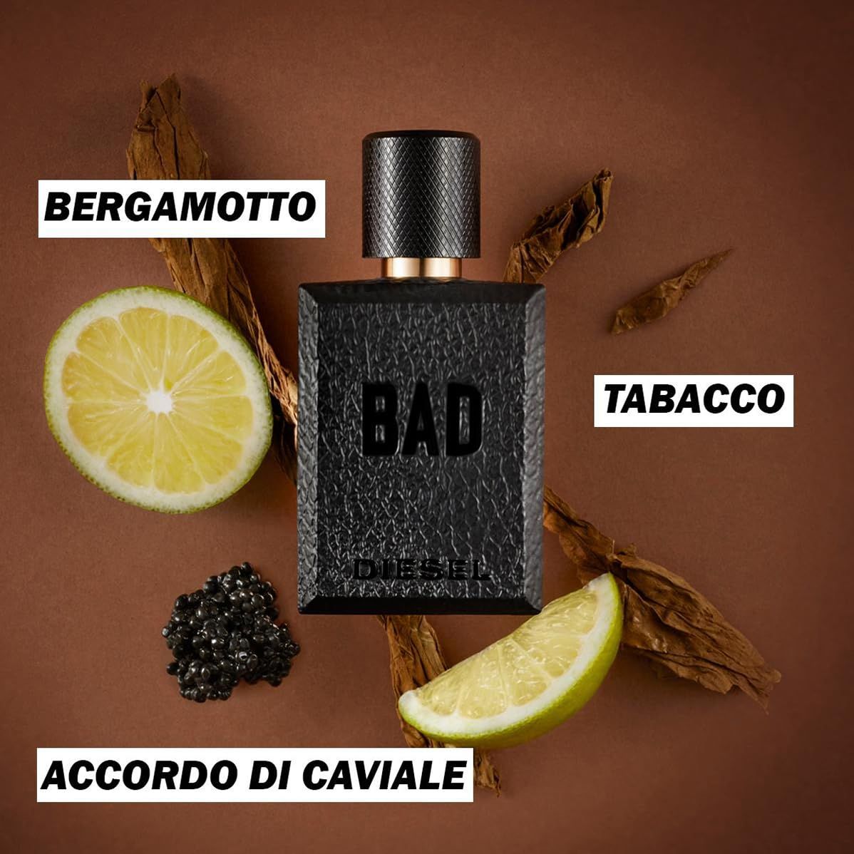 Diesel Bad Eau de Toilette con bergamotto, tabacco e accordo caviale.
