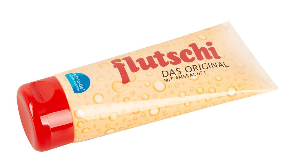 Tubo Lubry Flutschi Gel Ibrido, posizionato obliquamente, con tappo rosso e motivo a bolle.