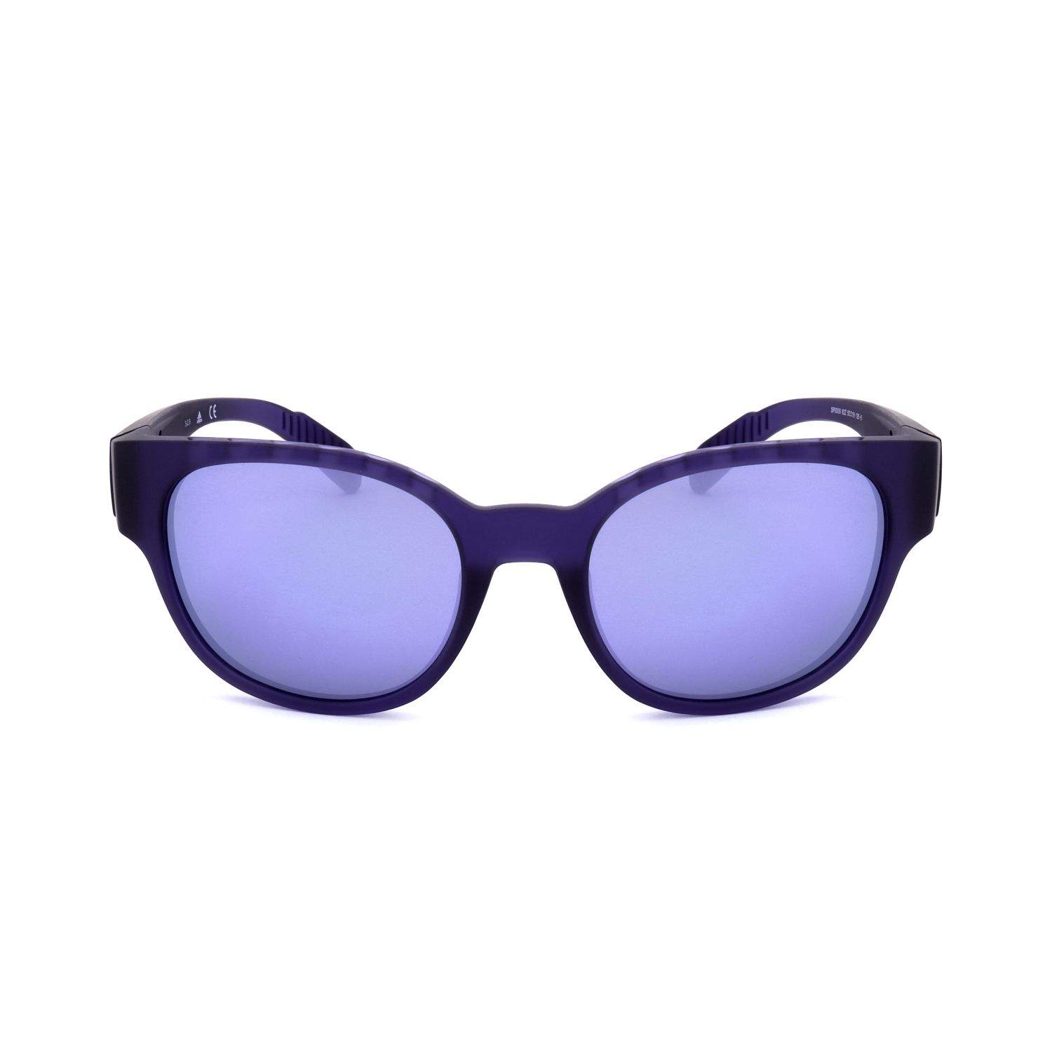 Occhiali da sole viola scuro con lenti blu, frontali su sfondo bianco.
