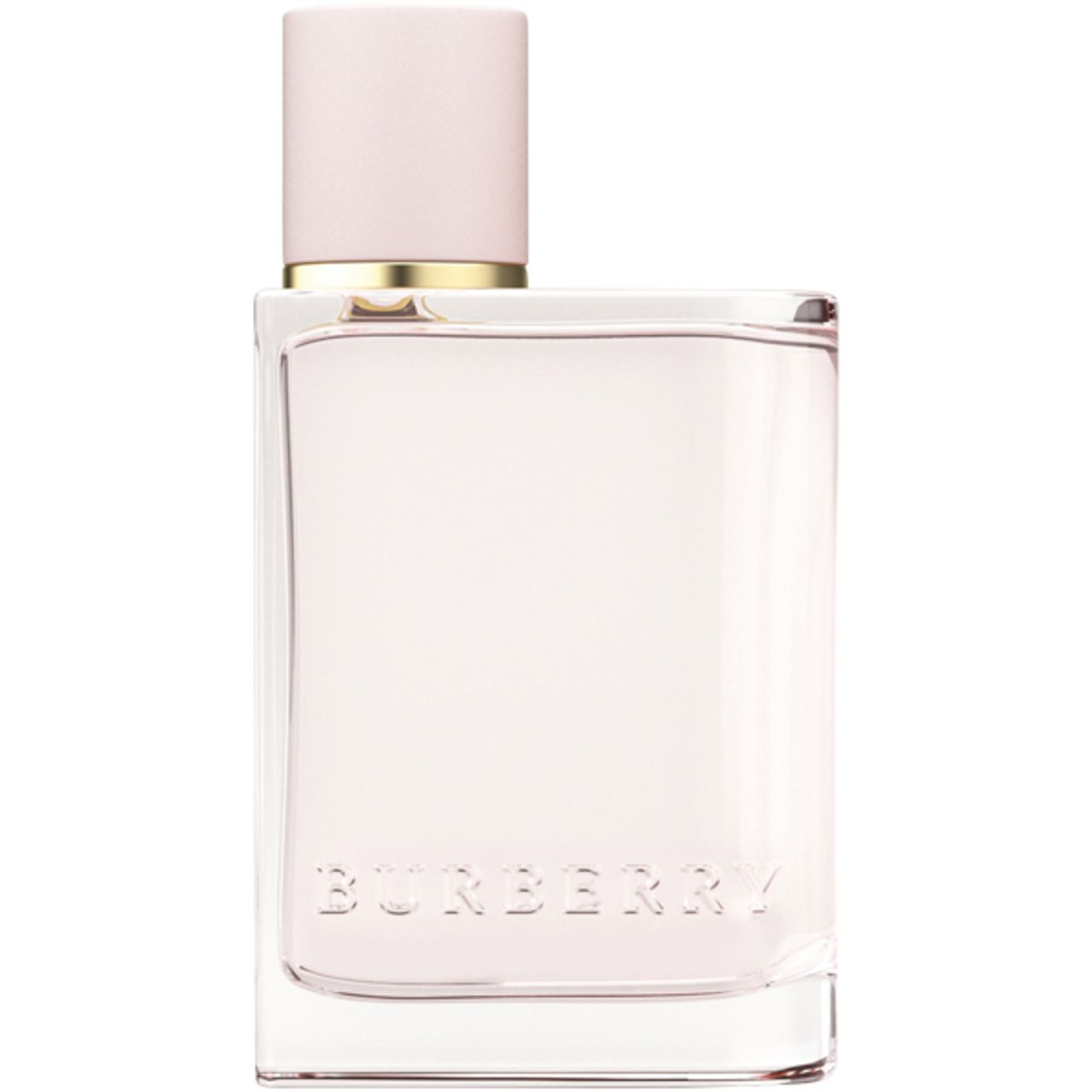 Flacone Burberry Her Eau de Parfum. Forma rettangolare, liquido rosa, tappo rosa, anello dorato.