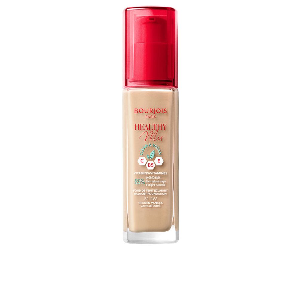 Flacone di fondotinta Bourjois Healthy Mix. Liquido beige, tappo a pompa rosso. Testo sull'etichetta.
