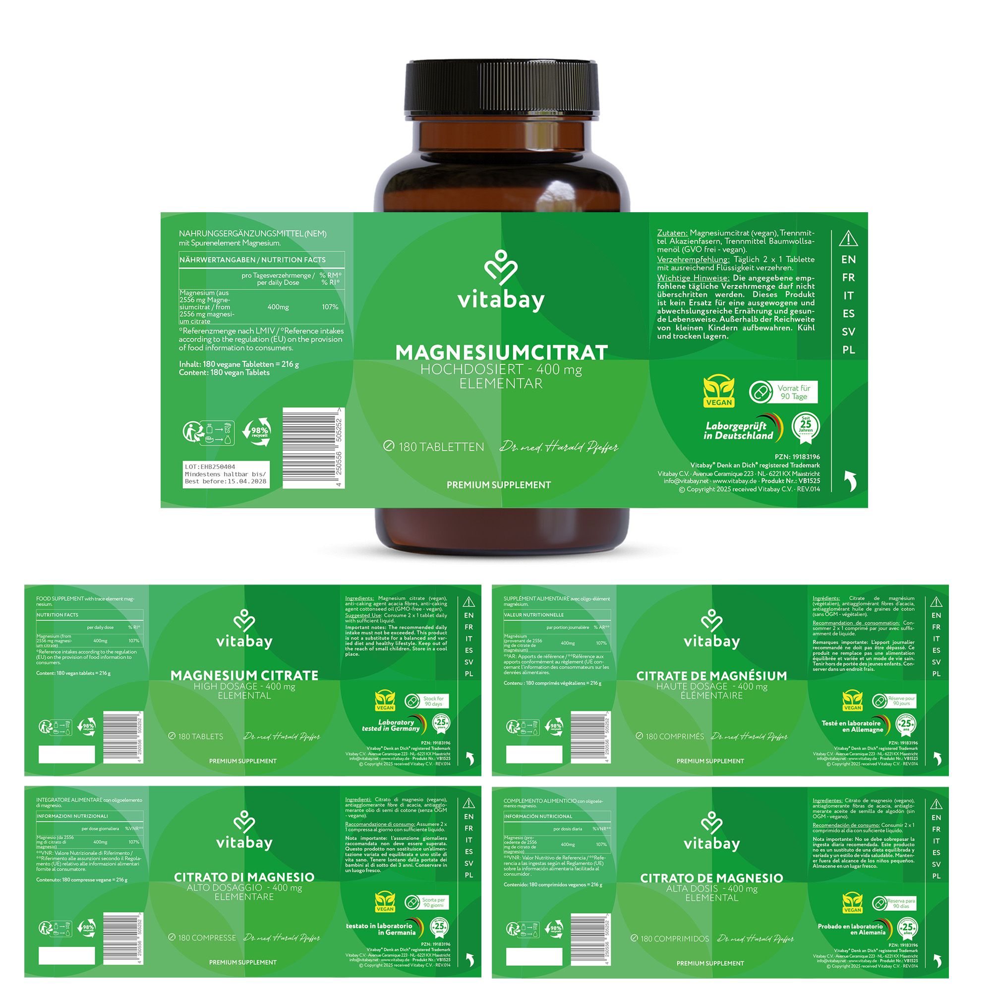 Flacone di vetro con etichetta verde. Testo: Magnesiumcitrat 400 mg. 180 compresse. Logo Vitabay. Etichette multilingue.