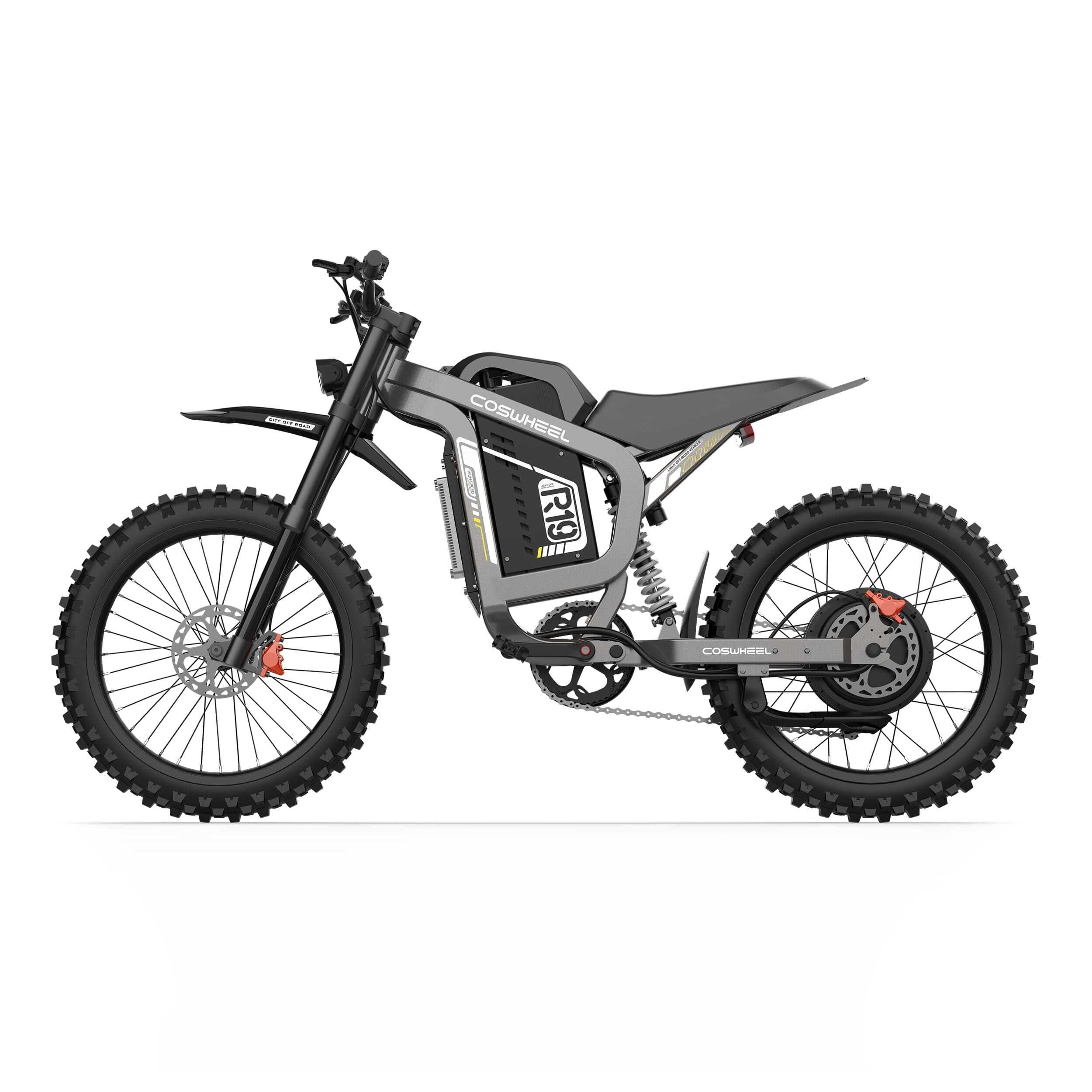 Dirt bike elettrica COSWHEEL R19 grigia. Pneumatici neri, sospensioni, alloggiamento batteria. Logo R19 visibile.