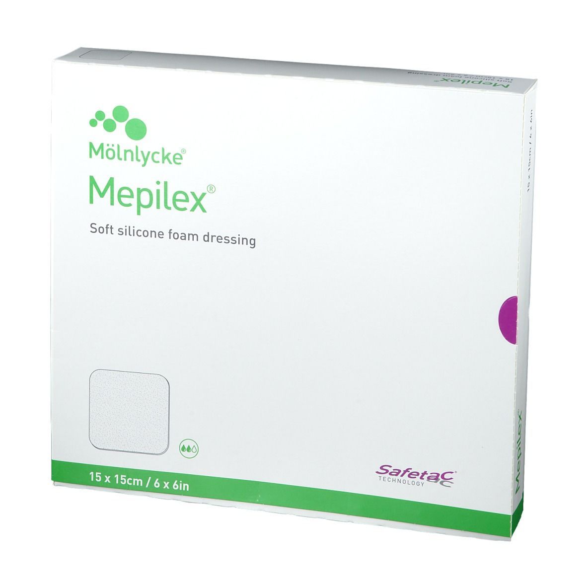 Confezione di Mepilex® 15 x 15cm. Scatola bianca con scritte verdi e viola. Dimensioni: 15 x 15cm / 6 x 6in.