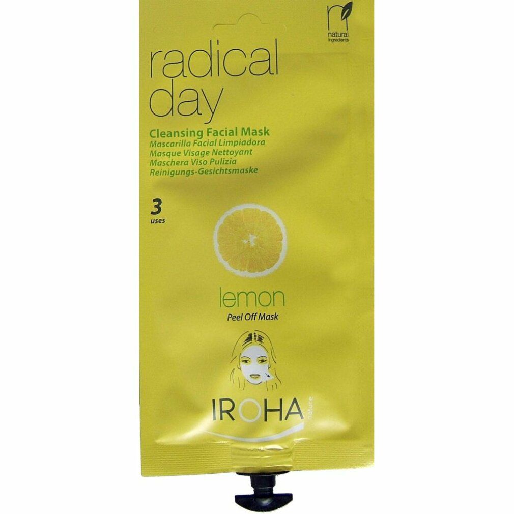 Confezione gialla con illustrazione di limone. Testo: radical day, Cleansing Facial Mask, 3 uses, IROHA. Chiusura nera.